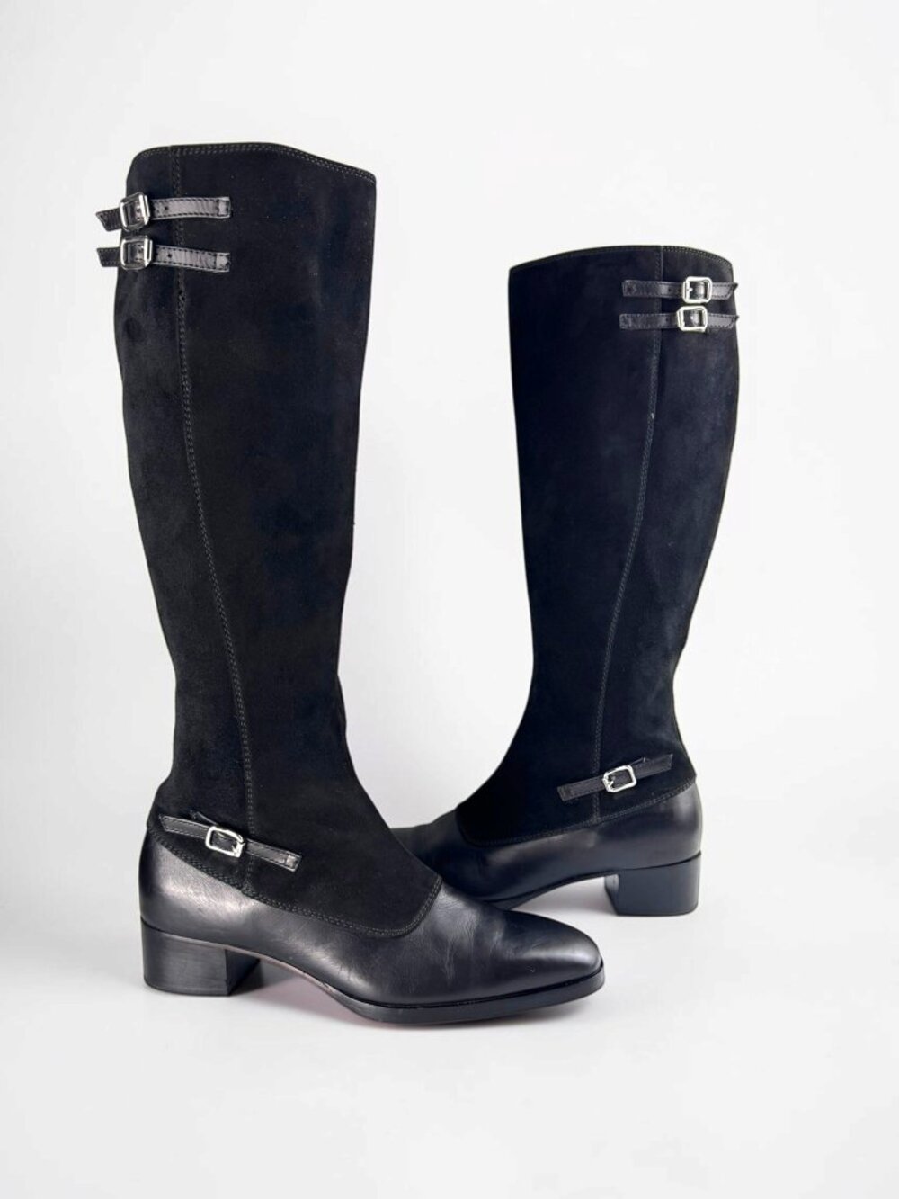 Vintage 90s Y2K Ralph Lauren Tall Riding Boots โข Black Leather & Suede โข Womenโs